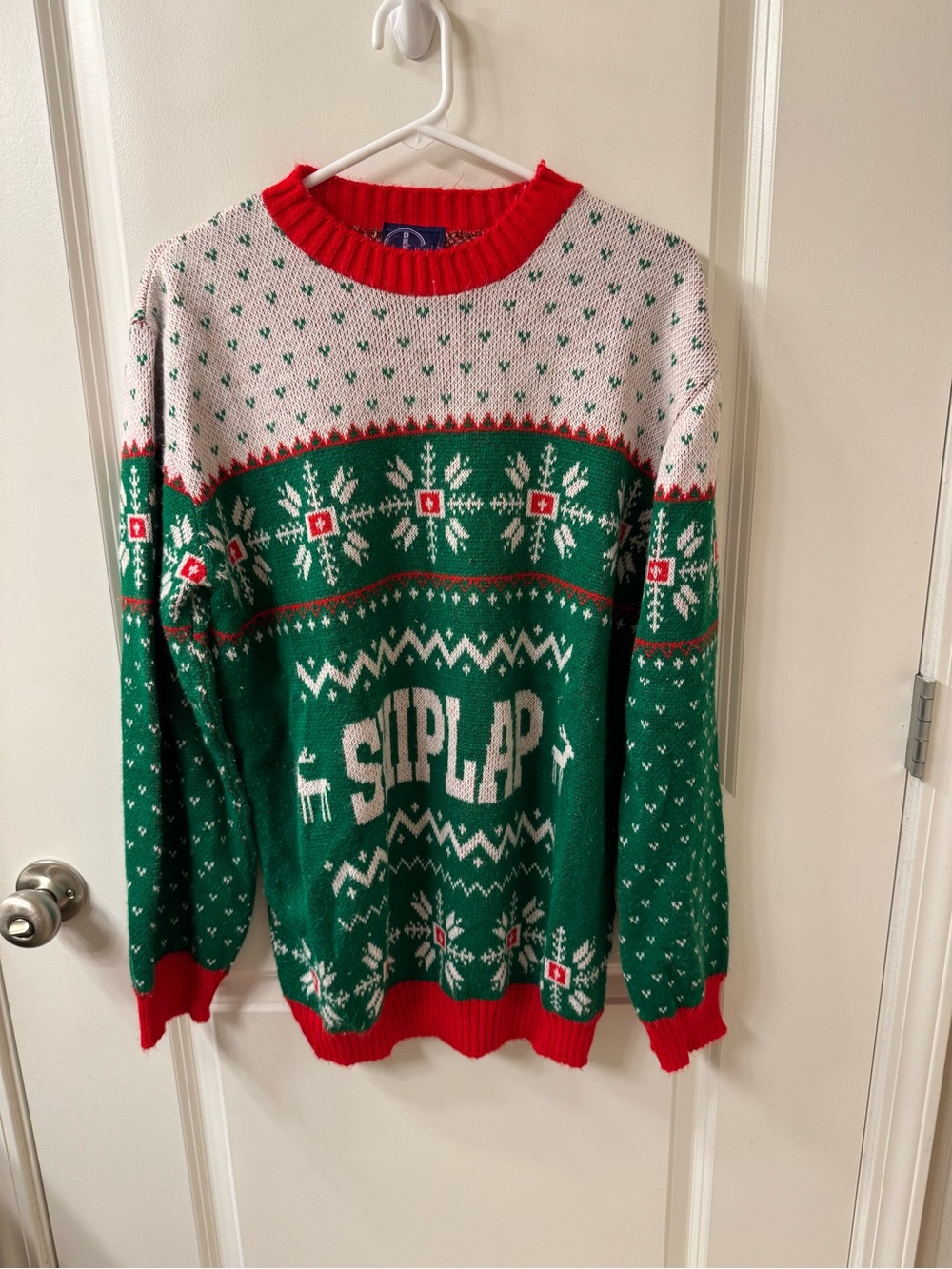 Shiplap Green and White Holiday Knit Sweater with Red Trim